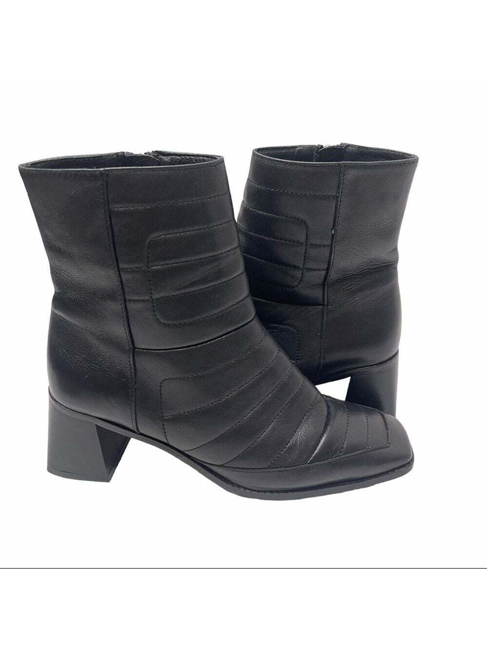 P'Intervalle Women's Black Leather Square Tip Quilted Ankle Boots Booties